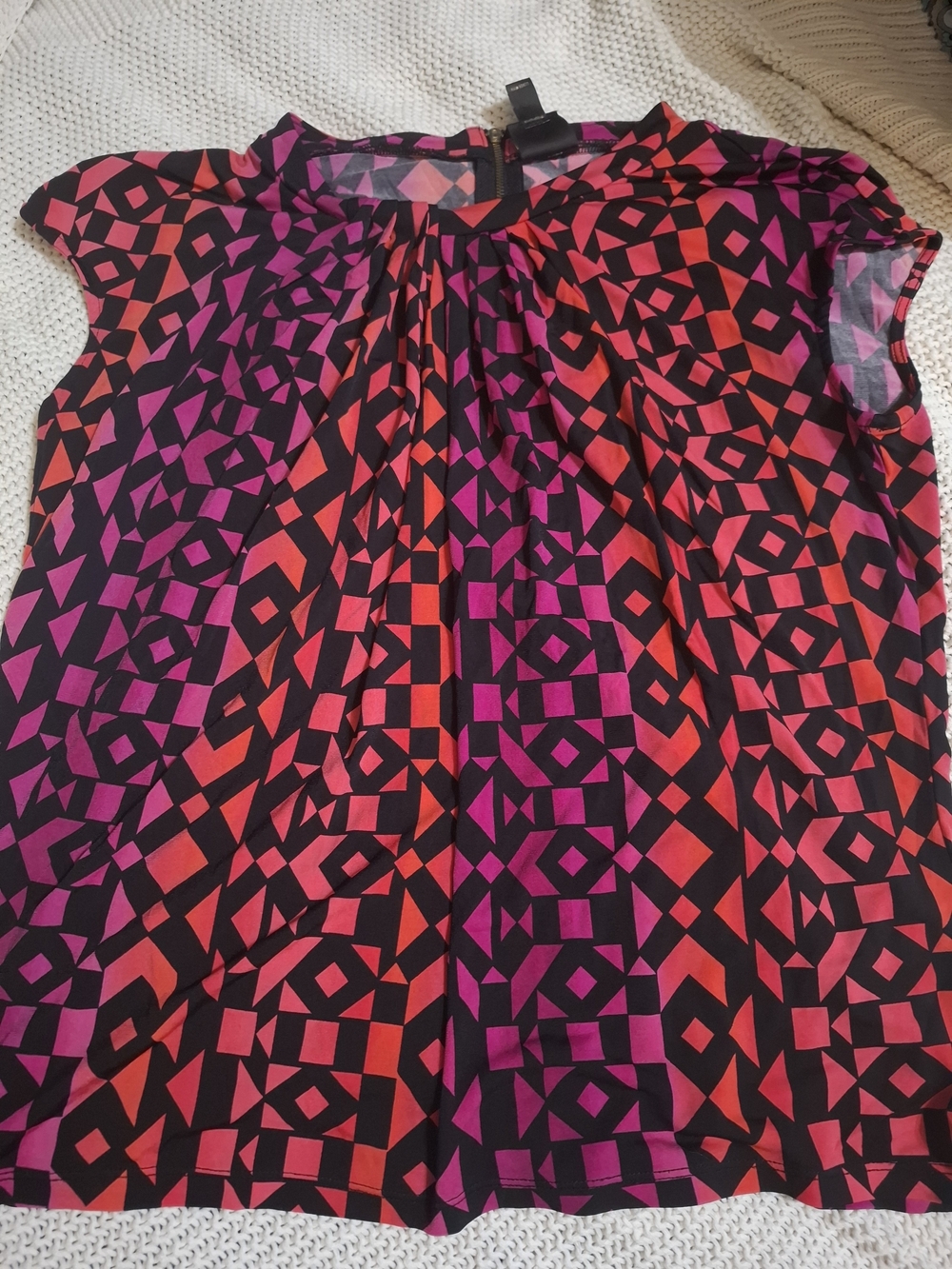 Worthington Geometric Cap-Sleeve Top in Black with Pink & Red